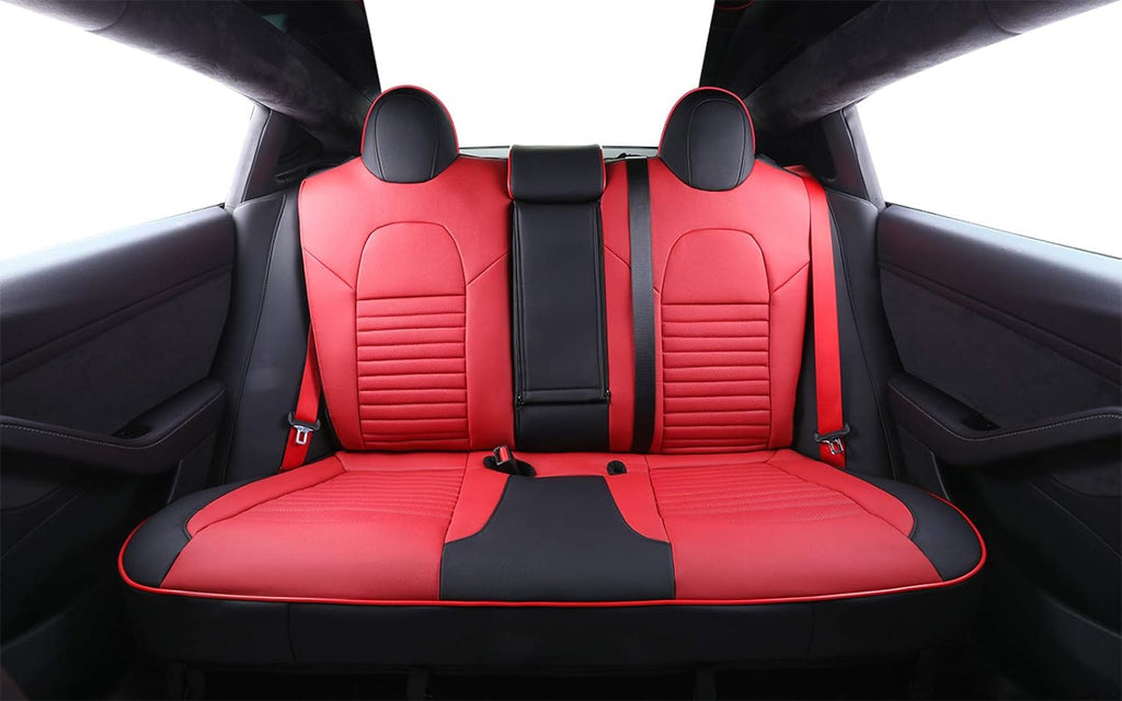 Custom Fit Model S Car Seat Covers for Select Tesla Model S 2017 2018 2019 2020 2021 2022 2023 2024,Rear Seat with 3 Build in Headrests - Leather (Black/Red)