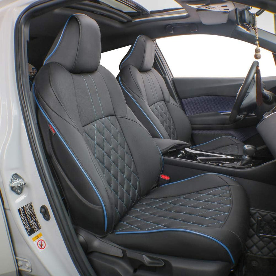 Custom Fit Colorado Car Seat Covers for Select Chevy Colorado 2014 2015 2016 2017 2018 2019 2020 2021 2022 - Full Set - Leather (Black with Blue Trim)