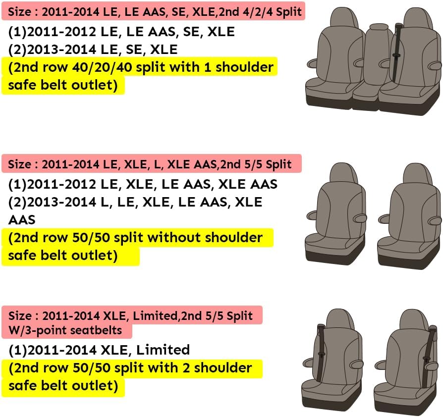 Custom Fit Sienna Seat Covers for Select Toyota Sienna Le,Se,Xle,Aas,2Nd Row 40/20/40 Split 2011 2012 2013 2014 - Three Row,Leather New