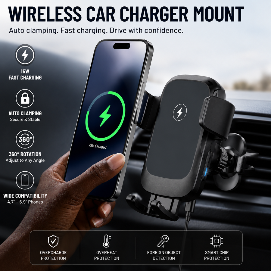 Premium Wireless Car Charger Mount – Auto Clamping Fast Charger