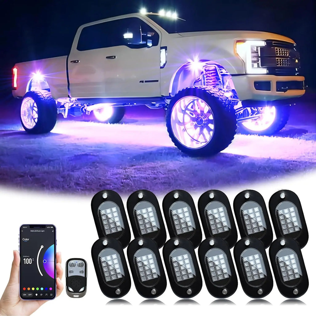 4/6/8/10/12 Pods Car RGB Rock Lights Music Mode APP Remote Control LED Neon Underglow Light Kit for Off-Road SUV ATV Auto Parts