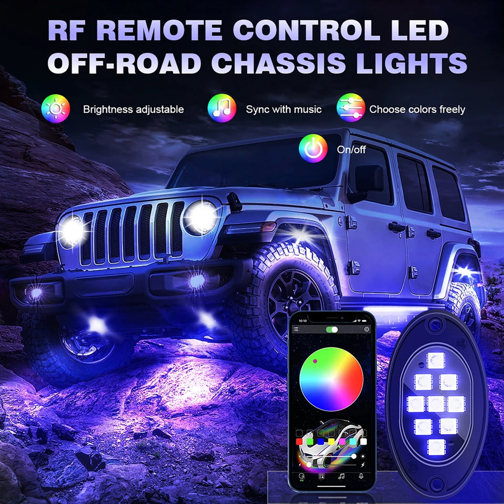 6/8/12Pcs-In-1 9LED Car Trunk LED Rock Light 12V RGB Exterior Atmosphere Light Car Bottom Light Lamp Support Remote APP Control