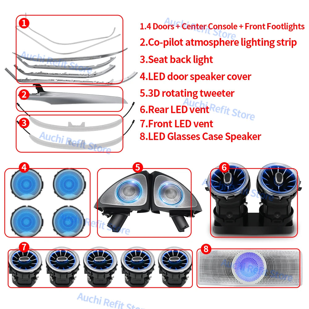Ambient Light 3/12/64 Colours for Mercedes-Benz C/GLC Class Coupe W205 C43 C63 X253 LED Vents Speaker Decorative Light Retrofit